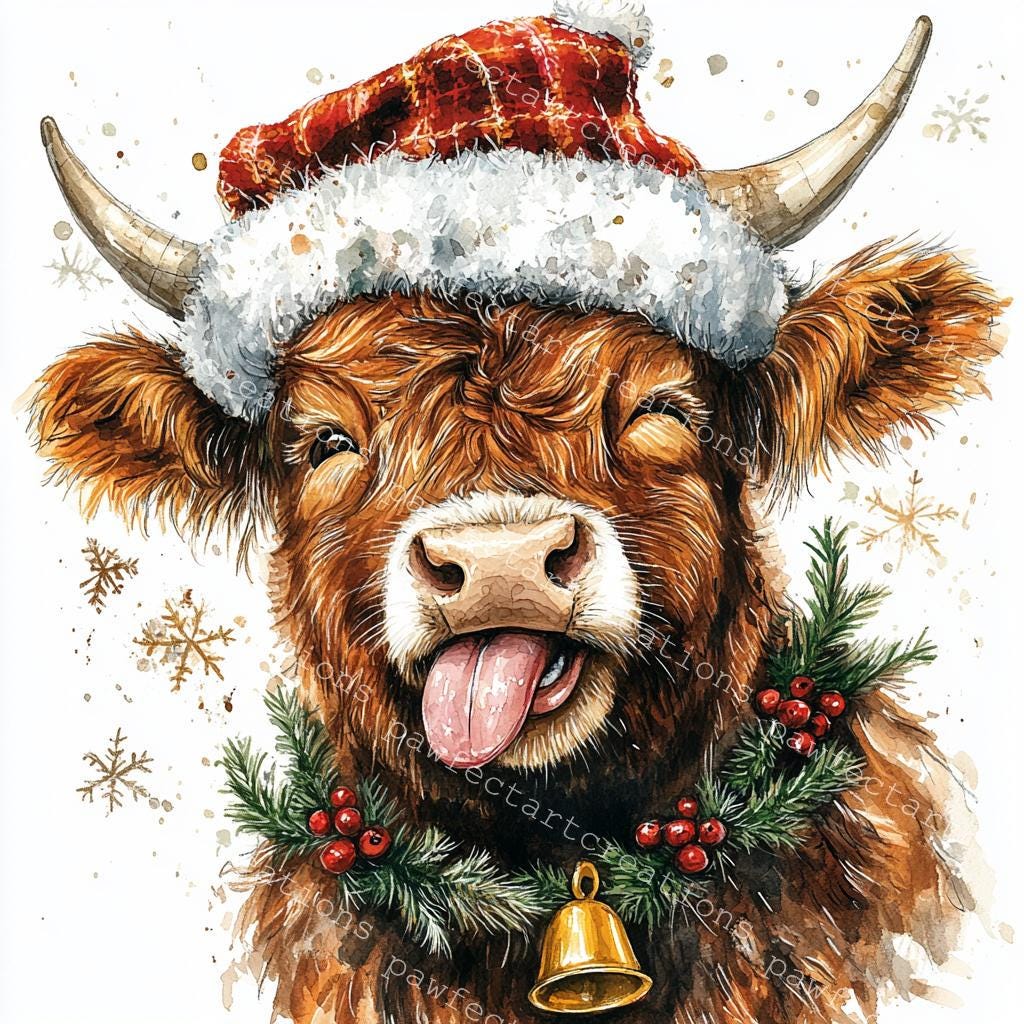 10 Christmas Highland Cow Clipart: Funny Watercolor Farm Animal ...