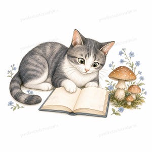 20 Cottagecore Reading Cats Clipart