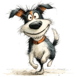 May include: A cartoon illustration of a dog with a happy expression. The dog has a black and white coat, brown eyes, and a brown collar. The dog is smiling and appears to be walking. The image has a hand-drawn style.