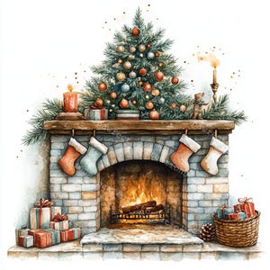 10 Weihnachten Kamin Mit Stockings Clipart, Weihnachtskarte, Printable Aquarell, hochwertige JPGs, Papercraft, Junk Journal