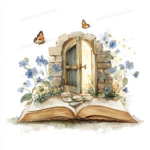 May include: Watercolor illustration of an open book with a stone archway and a partially open door. Blue flowers and butterflies surround the arch. The door is light blue and the arch is made of stone. The book is open and the pages are yellow.