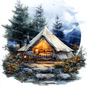 Camping Tent Clipart: Cozy Watercolor Designs (Digital Download)