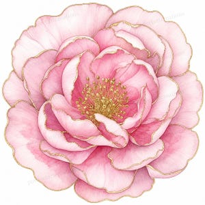 Puede incluir: Una ilustración estilo acuarela de una gran peonía rosa de múltiples capas. Los pétalos presentan suaves degradados rosados y delicados bordes de color dorado. El centro de la flor está lleno de estambres dorados detallados y texturizados.