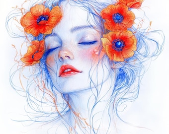 花柄の女性の顔のクリップアート：抽象的な水彩画の花（JPGデジタル