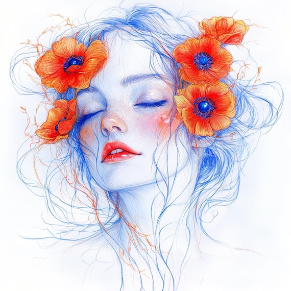 ☆AIアート☆　花と少女の水彩タッチ絵画　額付き ☆AIアート☆ 花と少女の水彩タッチ絵画 額付き ☆AIアート☆ 花と少女