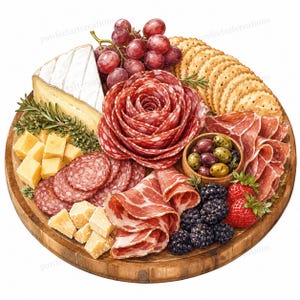 Op de afbeelding: Een ronde houten borrelplank met een punt brie, een roos van salami, plakjes salami, prosciutto, blokjes gele kaas, ronde crackers, rode druiven, bramen, aardbeien en een klein schaaltje met groene en zwarte olijven.
