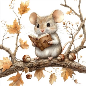 15 Clipart di libri di lettura di topi, Clipart di topi carini, acquerello stampabile, JPG di alta qualità, carta, diario di scarto, artigianato digitale