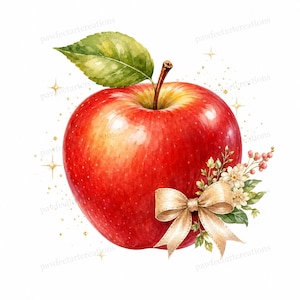 Puede incluir: Ilustración en acuarela de una manzana roja con una hoja verde y un tallo marrón. Una cinta dorada y un arreglo floral adornan la manzana, con detalles de purpurina dorada. La imagen está sobre un fondo blanco.