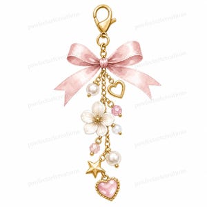 May include: A gold-coloured charm featuring a pink bow, pearls, and a flower. The charm includes a heart-shaped pendant with a pink gem, a gold star, and pink and white beads. It is attached to a gold clasp.