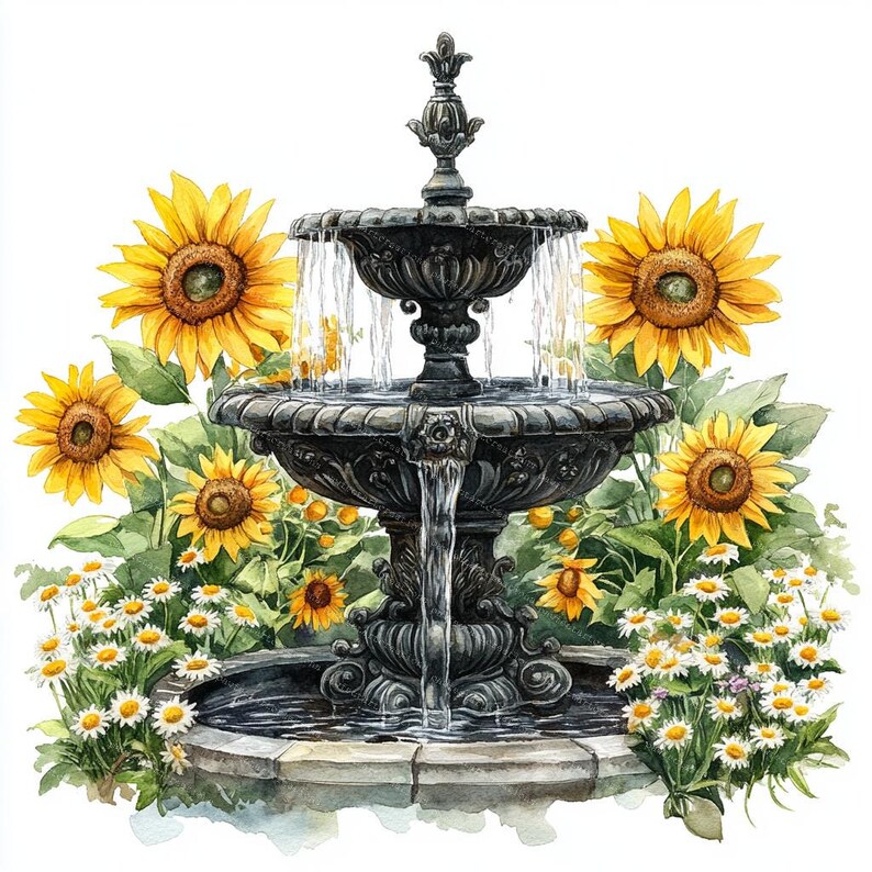 12 Garden Fountains Clipart, Floral Fountain, Floral Garden, Printable Watercolor, High-Quality JPGs, Papercraft, Junk Journal,Digital Craft