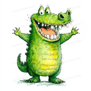 May include: A watercolor illustration of a friendly green alligator with a wide, toothy grin and open arms. The alligator has a yellow belly and is standing on a light green surface. The artwork has a whimsical, cartoonish style.
