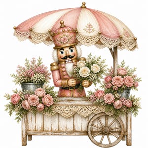 May include: A wooden nutcracker figure in a pink uniform and crown stands behind a white wooden flower cart with a striped pink and cream canopy. The cart is decorated with lace trim and filled with bouquets of pink and white roses and greenery.