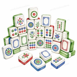 May include: A collection of white Mahjong tiles with green, red, and blue accents. Each tile features unique designs, including circles, flowers, and geometric patterns. The tiles are stacked and arranged, showcasing the variety of symbols.