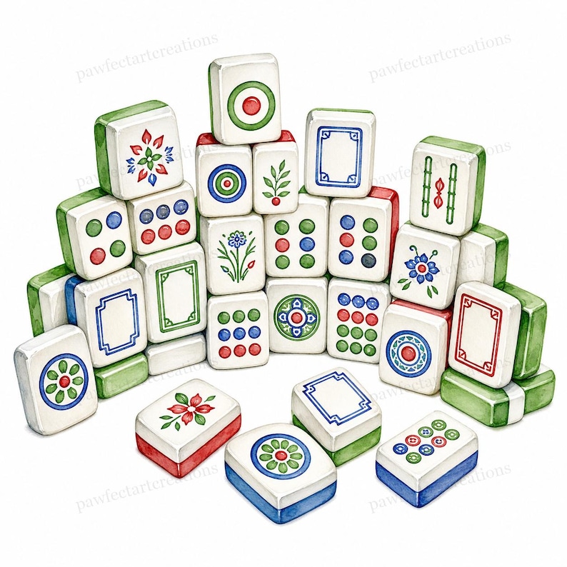 May include: A collection of white Mahjong tiles with green, red, and blue accents. Each tile features unique designs, including circles, flowers, and geometric patterns. The tiles are stacked and arranged, showcasing the variety of symbols.
