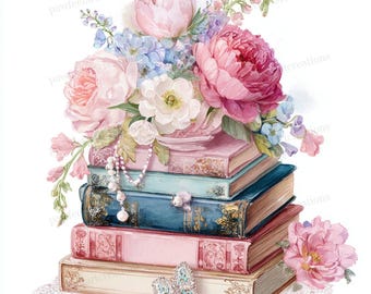 Puede incluir: Ilustración en acuarela de una pila de libros con un ramo de flores rosas y azules encima. Un collar de perlas y una mariposa enjoyada añaden acentos decorativos. Los libros son en tonos rosa, azul y crema.
