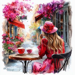 11 Woman in Cafe clipart, Floral Cafe, afdrukbare aquarel, hoogwaardige JPG's, Papercraft Junk Journal, Digital Craft