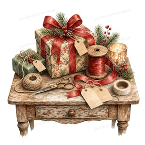 May include: A festive holiday scene featuring wrapped gifts, ribbons, and crafting supplies on a rustic wooden table. The gifts are adorned with red bows and tags. A spool of red ribbon, scissors, and a lit candle complete the arrangement.