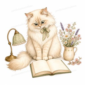 20 Cottagecore Reading Cats Clipart