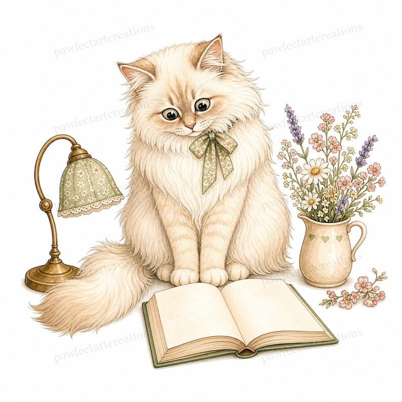 20 Cottagecore Reading Cats Clipart