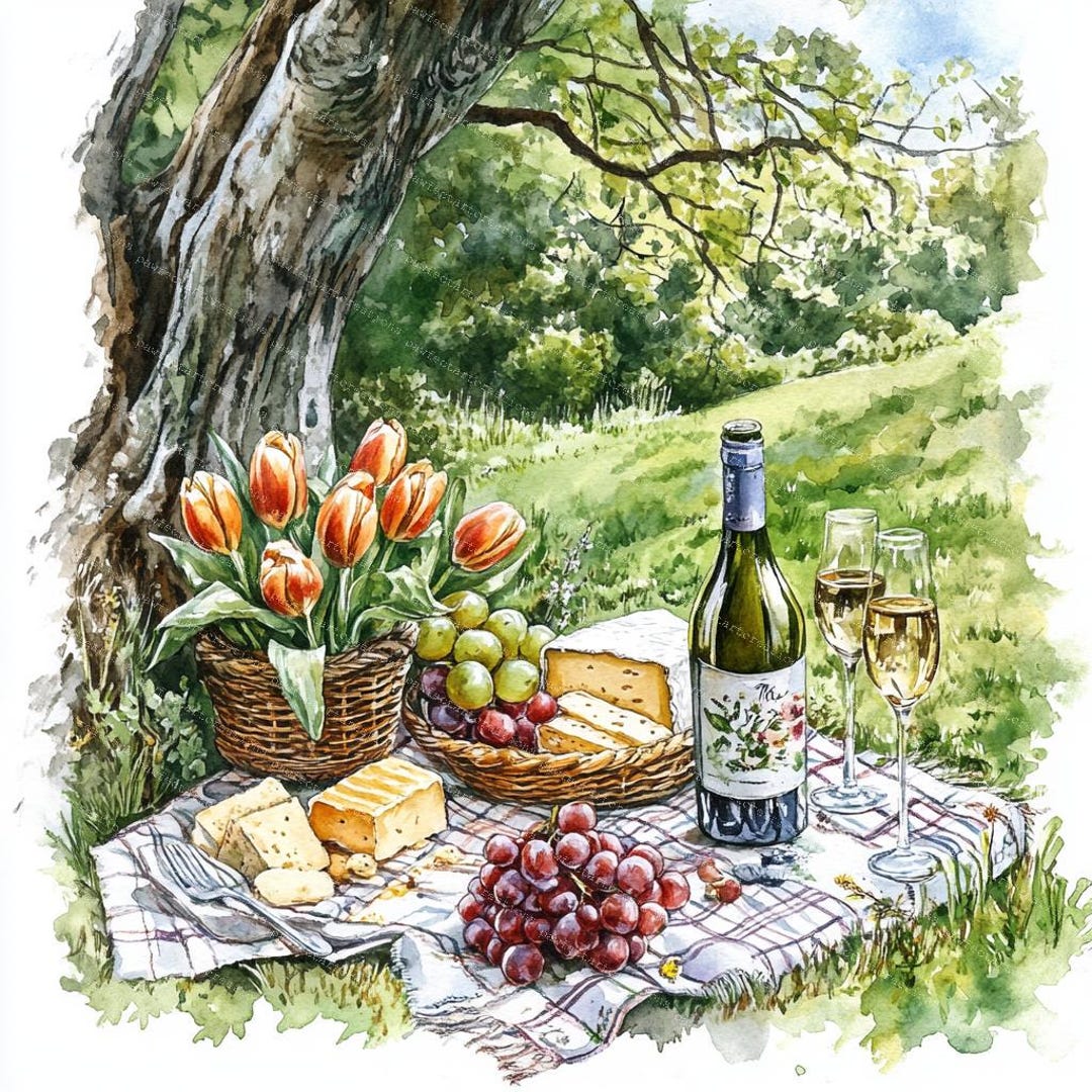 Spring Picnic Graphics 12 Spring Picnic Clipart: Watercolor Basket, Park Scene (digital ...
