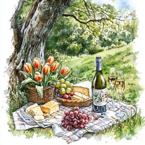 Peut inclure: Une scène de pique-nique avec une bouteille de vin, deux verres, du fromage, des raisins et des tulipes. Le pique-nique est installé sur une couverture à carreaux sous un arbre.