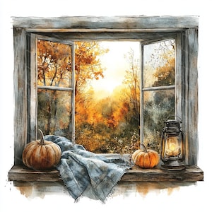 Puede incluir: Una ventana rústica con vista a un bosque de otoño. La ventana está abierta y hay una manta azul sobre el alféizar. Dos calabazas y una linterna están en el alféizar.