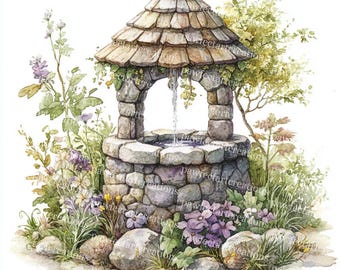 Può includere: Un pozzo in pietra con un tetto di paglia e un piccolo ruscello d'acqua che scorre dal beccuccio. Il pozzo è circondato da piante verdi e fiori, tra cui fiori viola, fiori bianchi e fiori gialli. Ci sono anche rocce intorno alla base del pozzo.