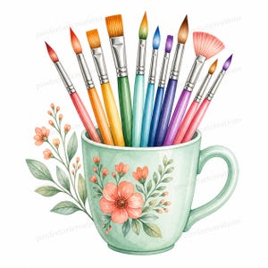 May include: Watercolor illustration of a collection of paint brushes in a light green mug. The brushes have colorful handles and bristles. The mug is decorated with pink flowers and green leaves. A charming art-themed design.