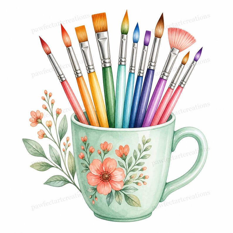 May include: Watercolor illustration of a collection of paint brushes in a light green mug. The brushes have colorful handles and bristles. The mug is decorated with pink flowers and green leaves. A charming art-themed design.