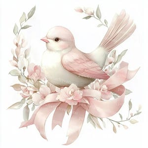 10 Bird with Pink Floral Clipart, Bird With Bow Clipart, Bird And Blossom, Printable Watercolor, High-Quality JPGs, Papercraft, Junk Journal