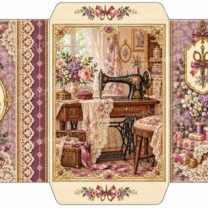 May include: A flat-lay paper envelope template featuring a vintage sewing room scene with a black sewing machine, lace, floral arrangements, and scissors. The design includes purple and cream damask patterns, pink roses, and decorative gold-framed scissor motifs.
