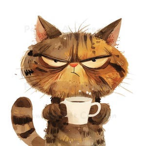 9 Clipart chat grincheux café, chat de mauvaise humeur, clipart aquarelle imprimable, PNG de haute qualité, travaux de papeterie, journal indésirable, clipart animaux drôles grincheux