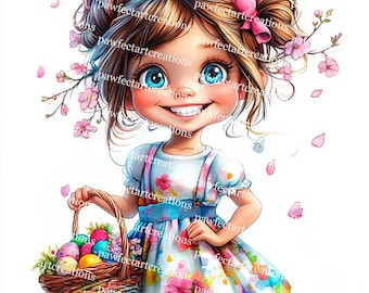 10 Cute Easter Girl Clipart: Watercolor Easter Eggs, Junk Journal (JPG Digital Download)