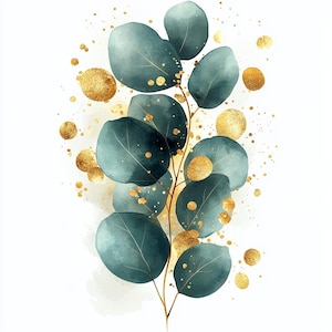 21 eucaliptus met gouden clipart, groen clipart, groene bladeren, afdrukbare aquarel, hoogwaardige JPG's, Papercraft, Junk Journal