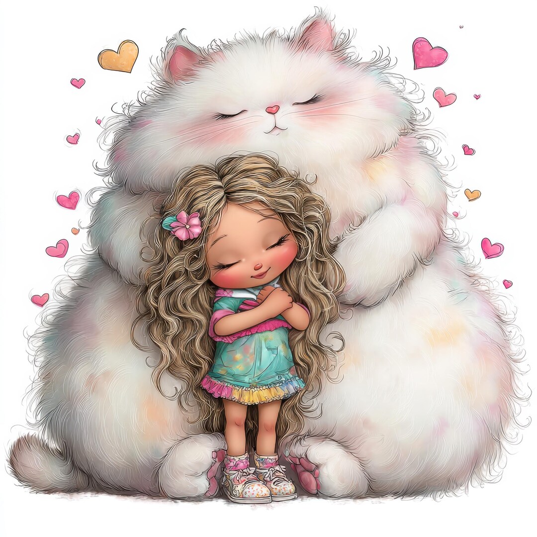 28 Whimsical Girl With Cat Clipart Printable Watercolor Jpgs, Digital ...