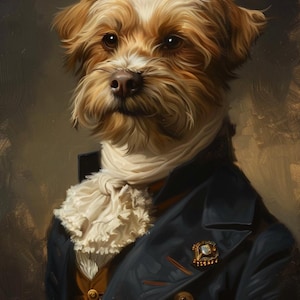 May include: A portrait of a small, brown and white dog wearing a blue jacket with gold buttons and a white lace cravat. The dog has a serious expression and is looking directly at the viewer.