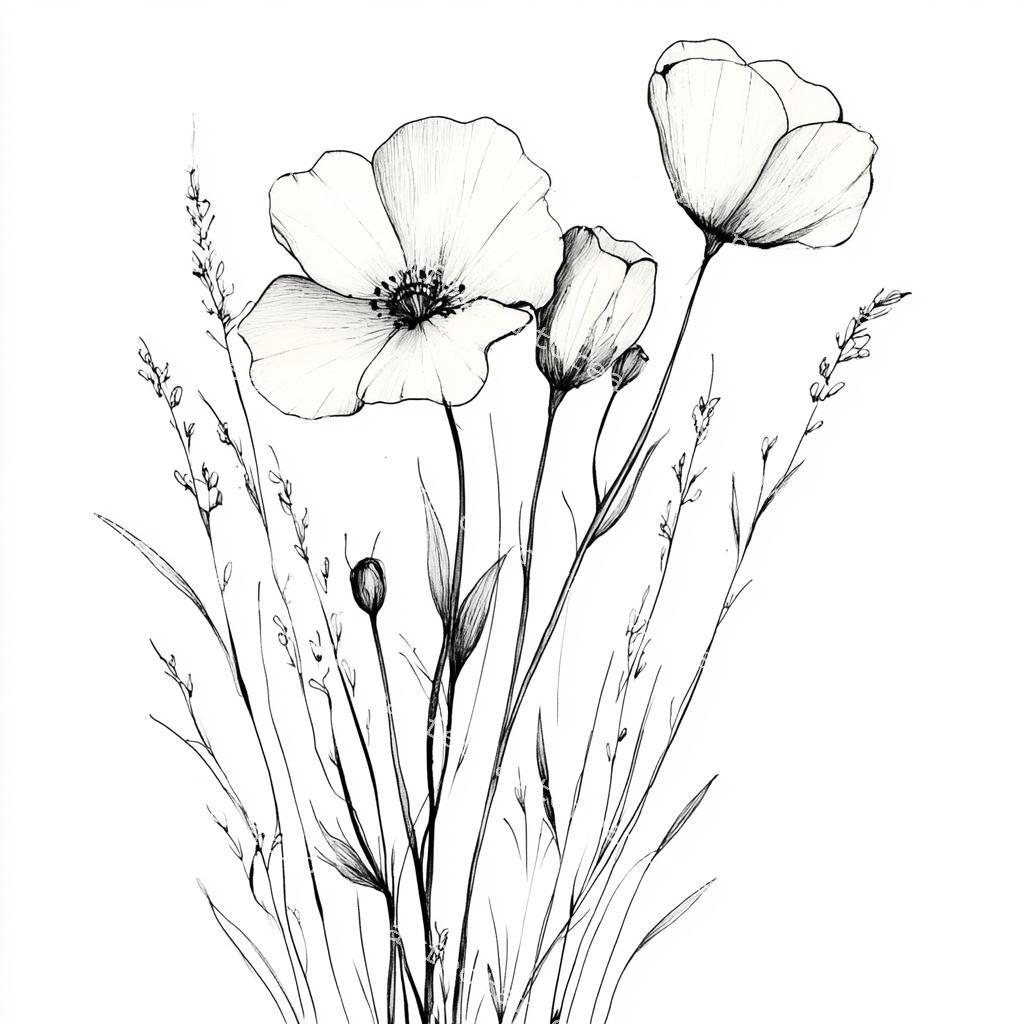 Wildblumen Skizze Clipart: Schwarz weiß Blumen Zeichnungen (JPG Digital Download)