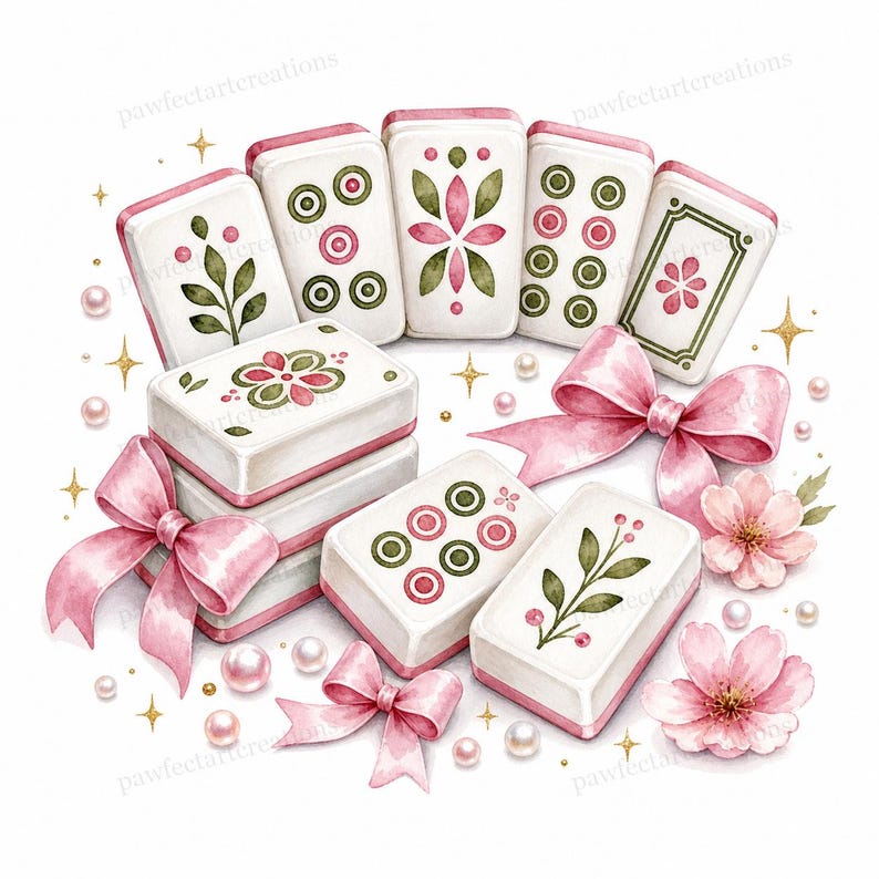 May include: Watercolor illustration of a set of Mahjong tiles arranged in a circle, featuring pink and green floral designs. The tiles are accented with pink bows, pearls, and gold starbursts, creating a decorative and elegant aesthetic.