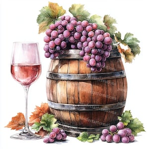 Op de afbeelding: Een aquarel van een houten vat gevuld met druiven en een glas roze wijn. Het vat is bruin met metalen hoepels en de druiven zijn paars. Het wijnglas is helder en gevuld met roze wijn.