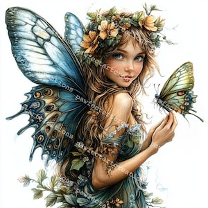 10 vlinderfee clipart, blauwe en groene feeën, bosfee, afdrukbare aquarel, hoogwaardige JPG's, Papercraft, Junk Journal, Digital Craft