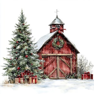 Christmas Barn Clipart: Watercolor Farmyard Scene (Digital Download)