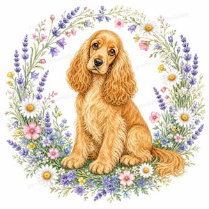 Könnte beinhalten: Aquarellillustration eines goldenen Cocker Spaniel-Hundes, der in einem floralen Kranz sitzt. Der Kranz besteht aus Lavendel, Gänseblümchen und anderen bunten Blumen. Der Hund hat langes, welliges Fell und einen sanften Ausdruck.