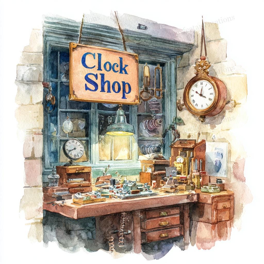 20 Clock Shop Clipart, Watercolor Clockmaker Storefront Art, Printable ...