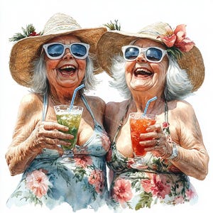 10 grappige oude dames in de zomer clipart, beste vrienden, afdrukbare aquarel, hoogwaardige JPG's, Papercraft Junk Journal, Digital Craft