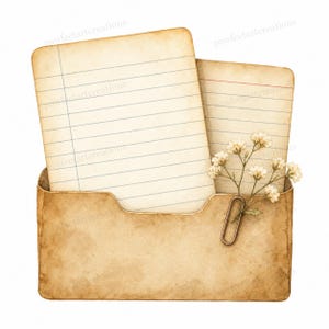 May include: A watercolour illustration of a vintage file holder with two lined papers. A sprig of white flowers and a paper clip accent the design. The file holder and papers have a distressed, aged appearance.