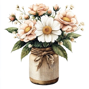 24 Blumen in rustikaler Vase Clipart, Gänseblümchen, weiße Blume, Blumendruck, druckbare Aquarellfarbe, hochwertige JPGs, Papierkraft, Junk Journal