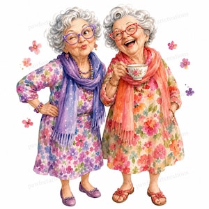 May include: A watercolour illustration of two elderly women, one winking and the other laughing while holding a teacup. They wear floral dresses, scarves, and glasses. Pink and purple flowers are scattered around them.