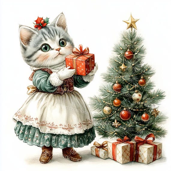 手書き油絵 サンタねこ 絵画 インテリア 油彩画 クリスマス プレゼント クリスマスの子猫のクリップアート：ヴィンテージドレス、水彩画の