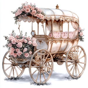 12 Clipart carrozza floreale, carrozza della principessa, carrozza reale, acquerello stampabile, JPG di alta qualità, carta, diario spazzatura