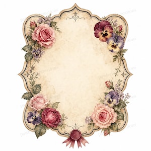 May include: A decorative frame with a scalloped edge and a parchment-like center, adorned with illustrations of pink roses, purple pansies, and green leaves. A red wax seal with a ribbon is positioned at the bottom center of the frame.
